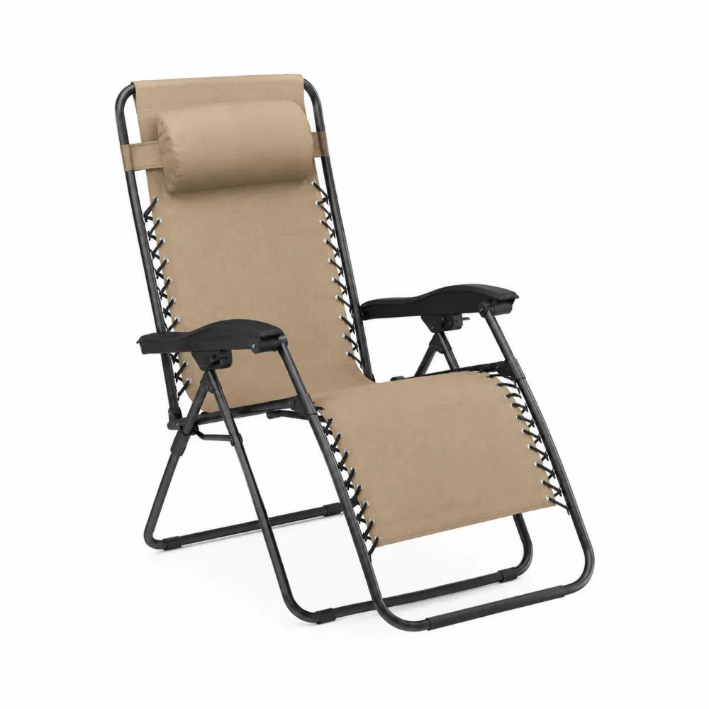 Chaise longue de jardin inclinable en acier noir et textile polyester beige 160 x 65 x 110 cm avec appui-tête