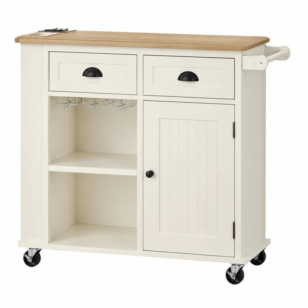 Chariot de cuisine multifonction 110 x 48 x 90 cm en MDF ivoire avec plateau en bambou naturel tiroirs et rangements sur roulettes