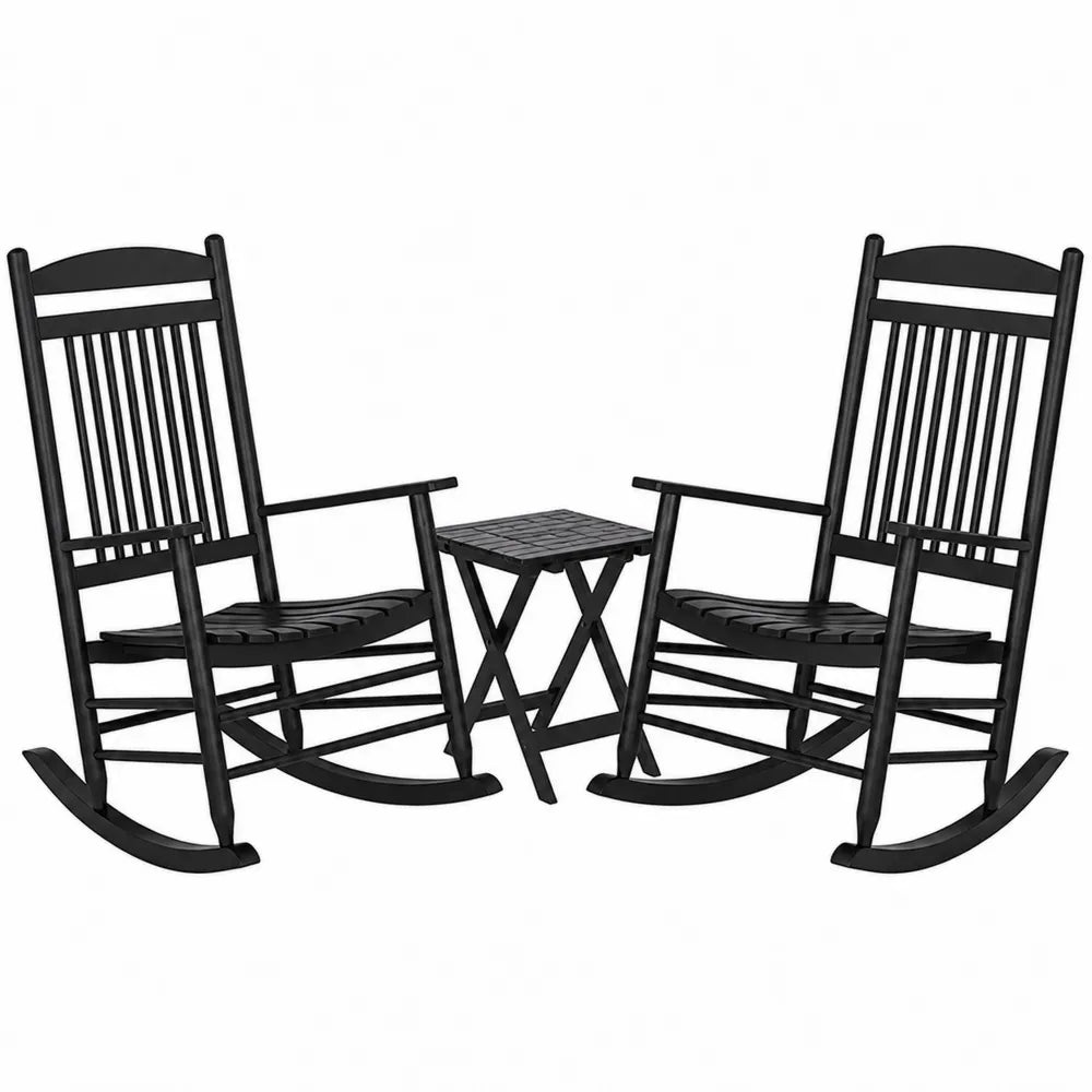 Ensemble de jardin 3 pièces deux fauteuils à bascule et table d’appoint en bois d’acacia massif noir 62 cm x 84 cm x 110 cm table 45 cm x 45 cm x 45 cm