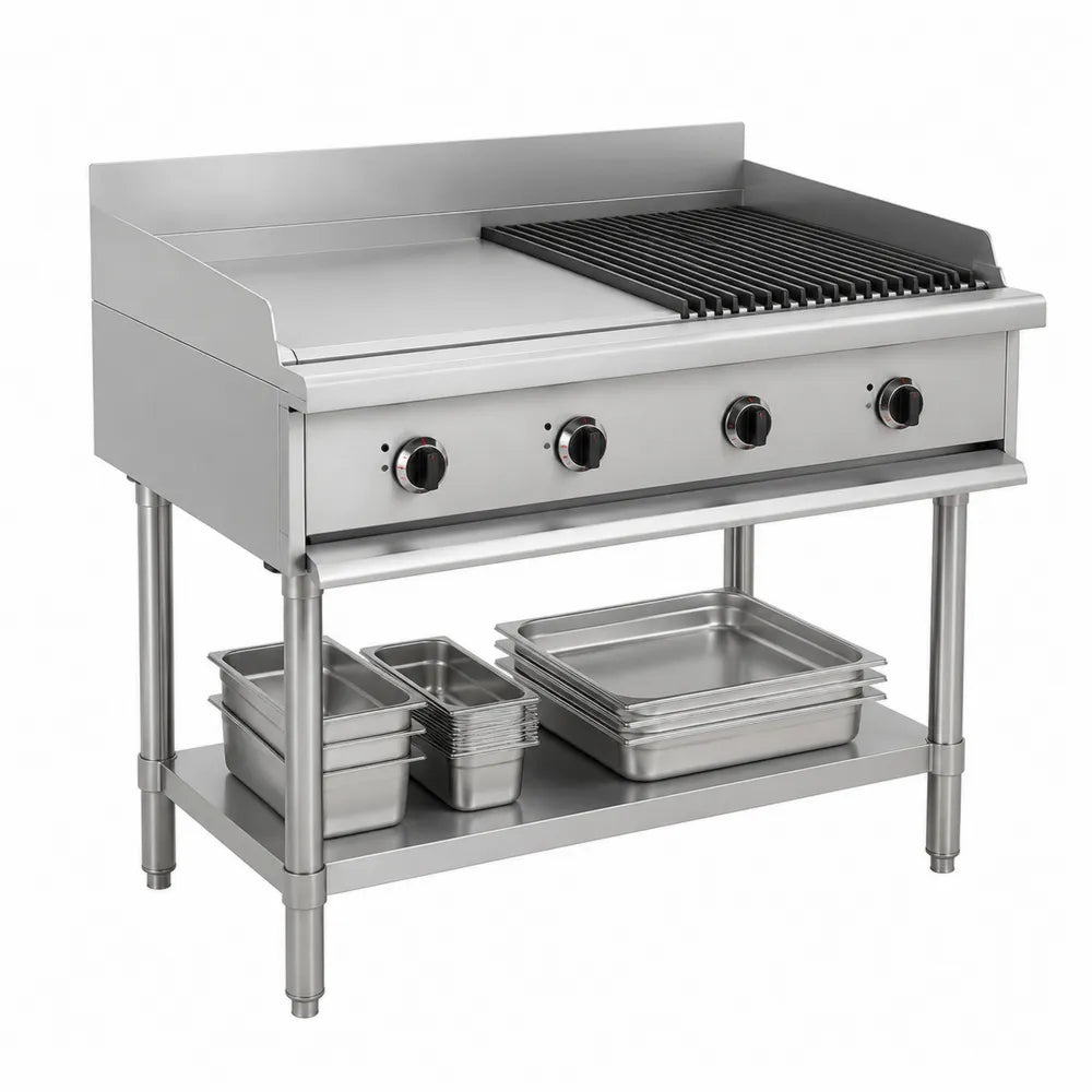 Chariot de cuisson gaz en acier inoxydable plancha et grille 120 cm x 70 cm x 105 cm structure inox argentée avec bacs de préparation