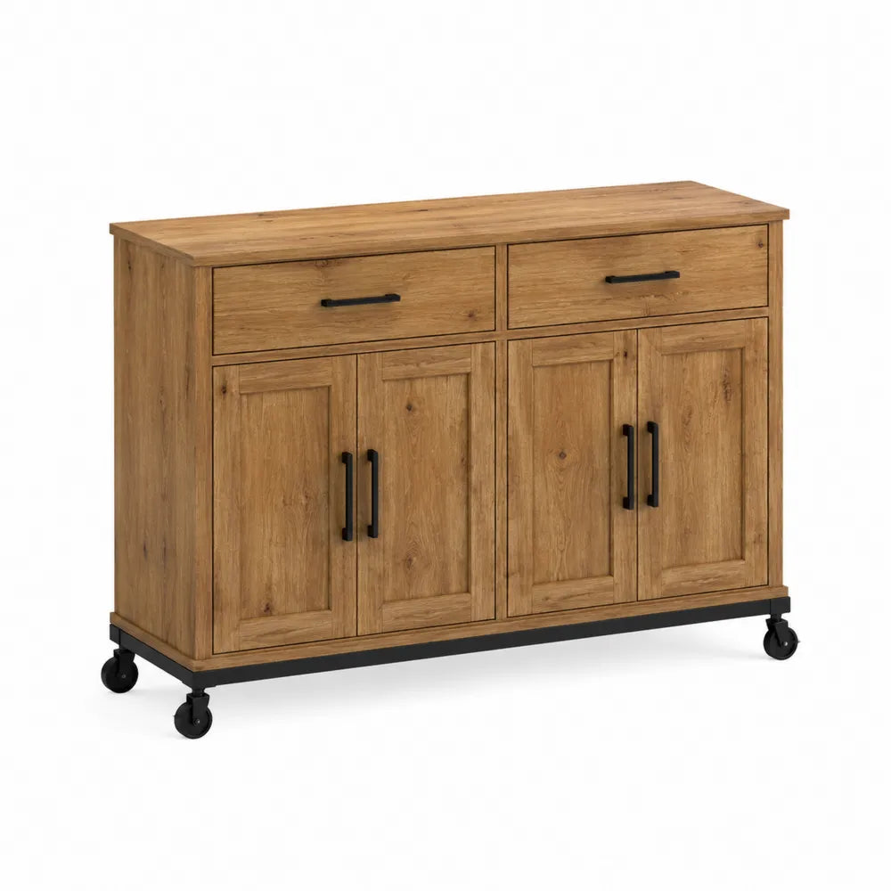 Chariot buffet multifonction 120 x 40 x 85 cm en panneau mélaminé bois naturel avec roulettes et poignées noires
