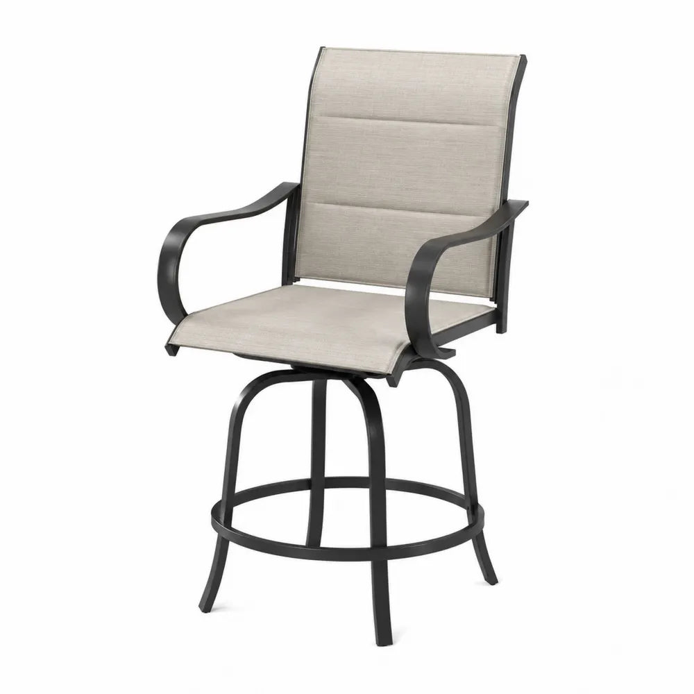 Tabouret de bar pivotant d'extérieur en acier thermolaqué noir et toile polyester enduite PVC beige 60 x 58 x 113 cm avec accoudoirs