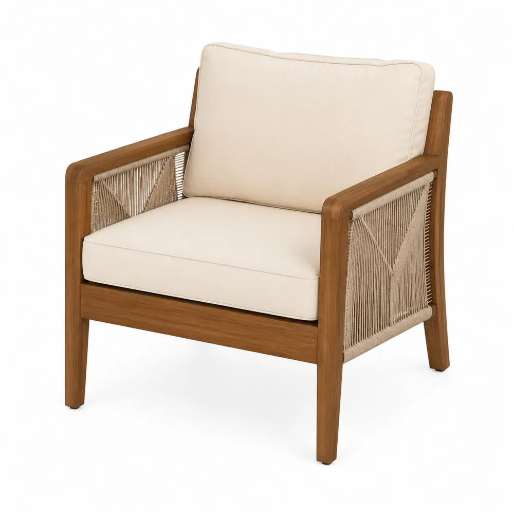 Fauteuil de jardin en bois massif et cordage synthétique beige avec coussin écru 75 cm x 80 cm x 80 cm