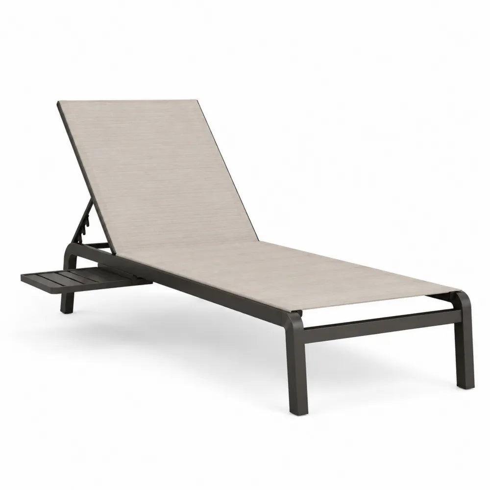 Bain de soleil de jardin réglable avec tablette latérale 198 x 65 x 95 cm en aluminium thermolaqué noir et textilène beige