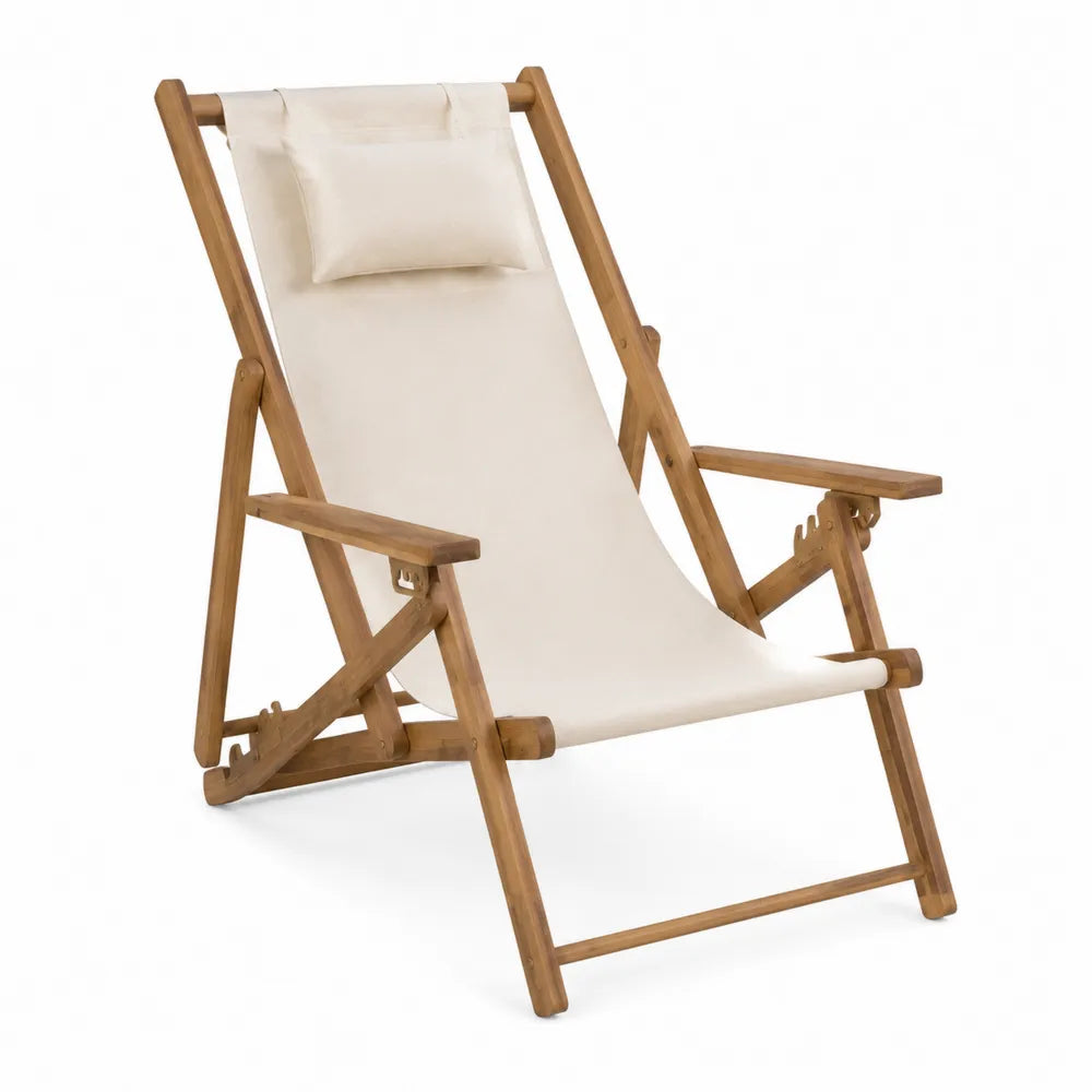 Chaise de jardin pliante inclinable avec accoudoirs en bois d’acacia et toile polyester écru avec oreiller 105 x 65 x 98 cm