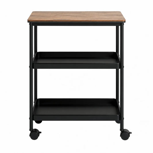 Chariot multifonction 3 niveaux 60 cm x 40 cm x 82 cm plateau bois et structure acier noir avec roulettes