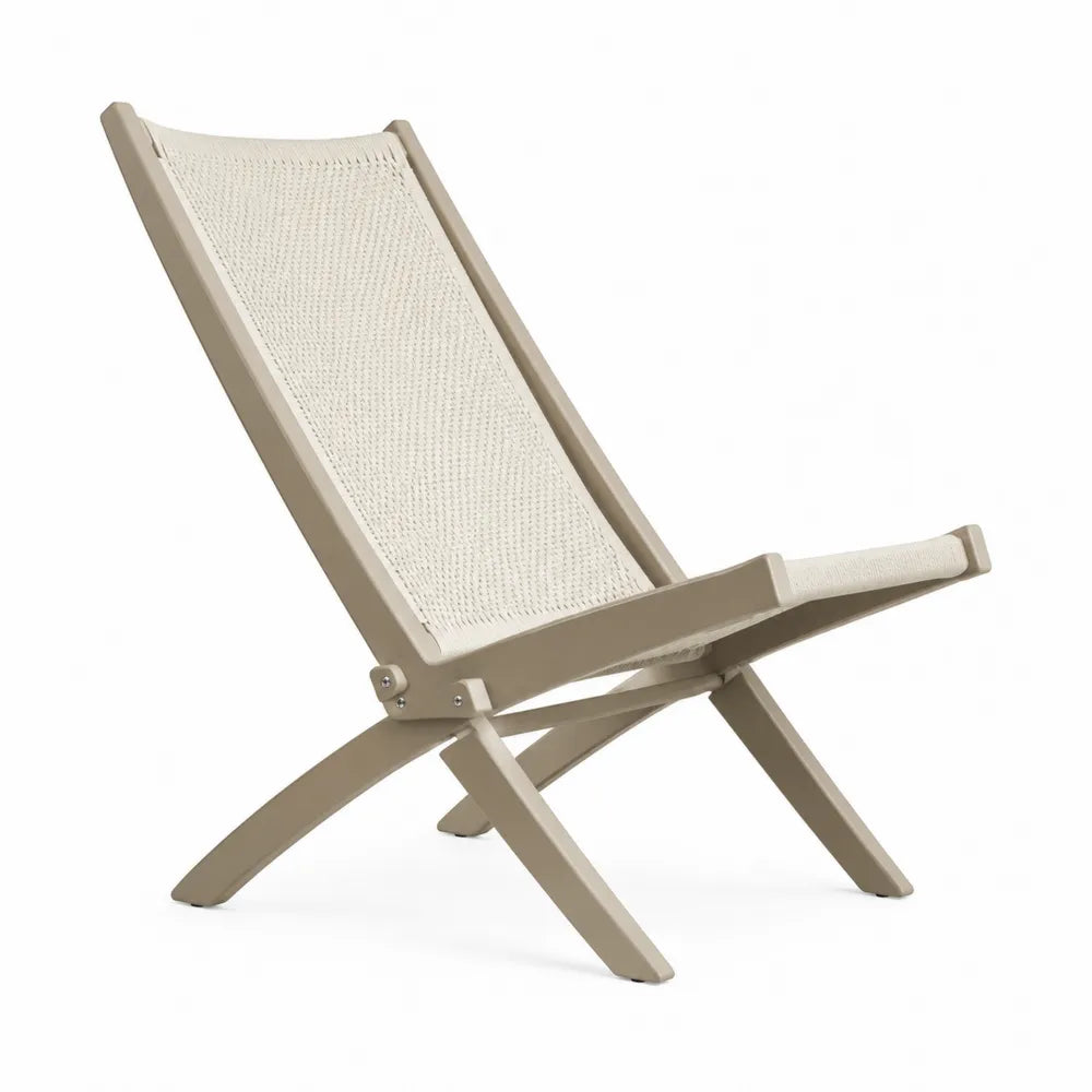 Chaise de jardin pliante basse en acacia massif et cordage polyester taupe écru 86 cm x 62 cm x 88 cm