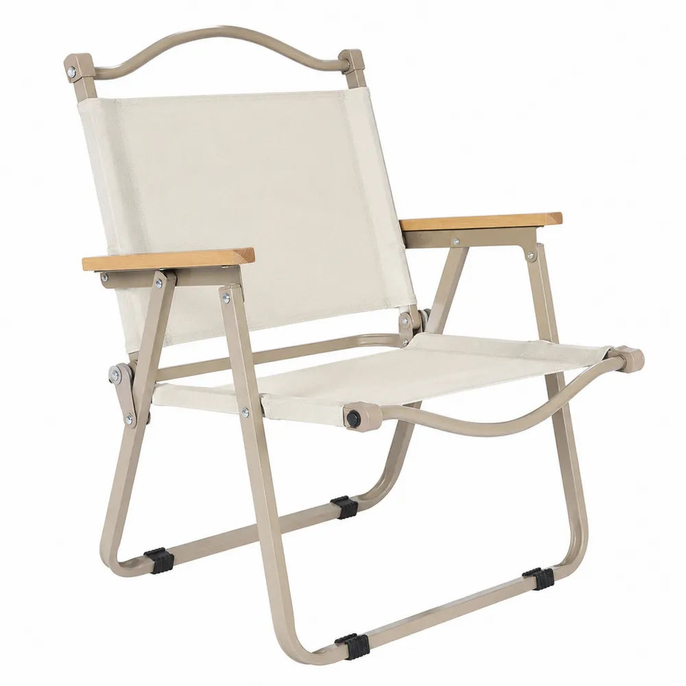 Chaise de jardin pliante en acier beige avec assise textile et accoudoirs en bois 60 x 65 x 78 cm