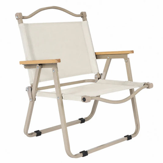 Chaise de jardin pliante en acier beige avec assise textile et accoudoirs en bois 60 x 65 x 78 cm