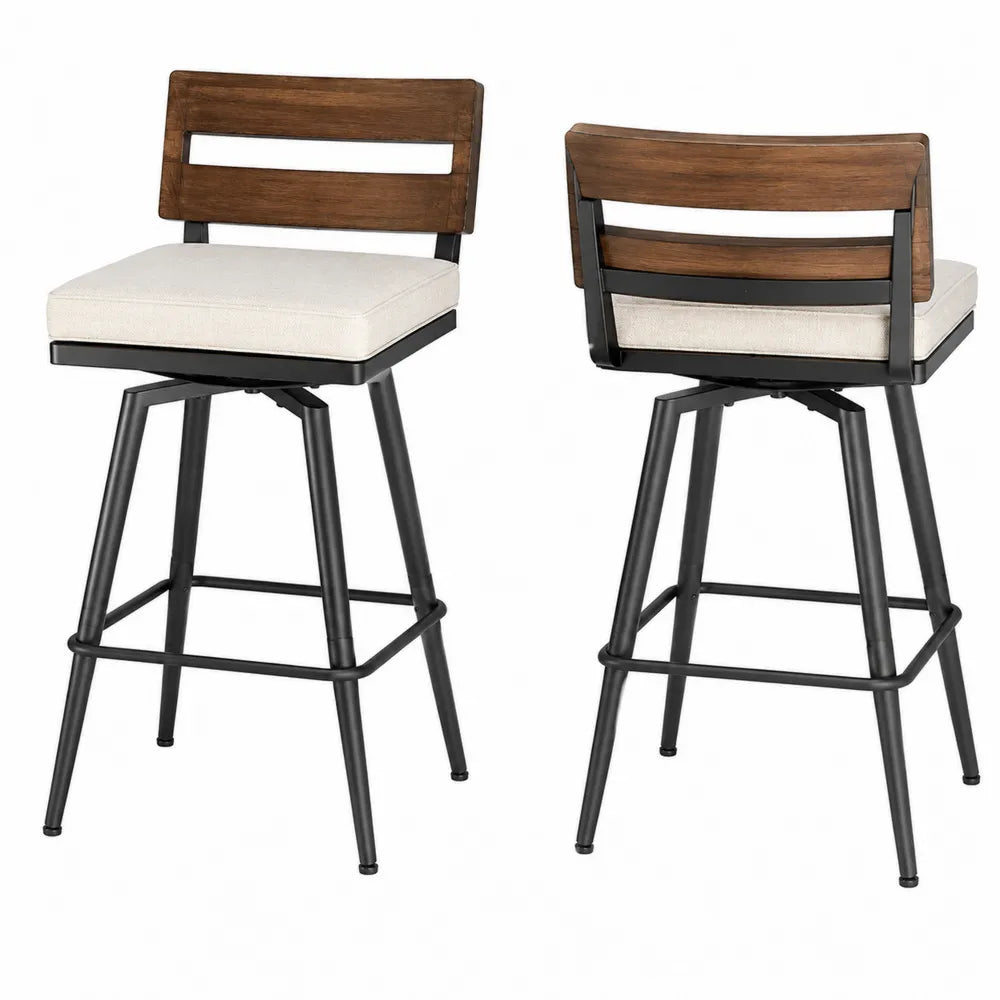 Lot de 2 tabourets de bar d'extérieur pivotants en acier thermolaqué noir avec dossier en bois d'acacia et coussin polyester beige 50 x 55 x 103 cm