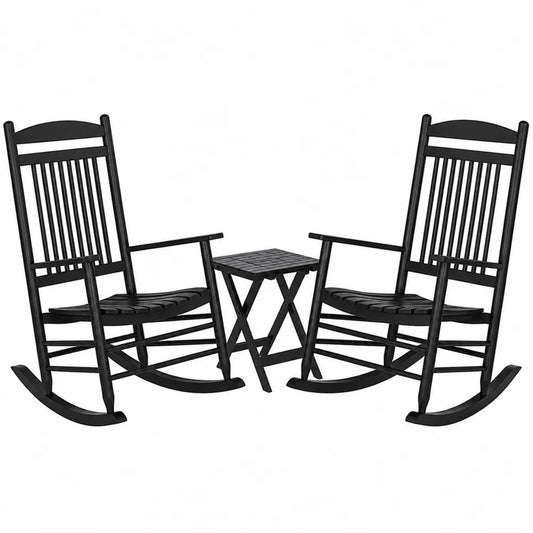Ensemble de jardin 3 pièces deux fauteuils à bascule et table d’appoint en bois d’acacia massif noir 62 cm x 84 cm x 110 cm table 45 cm x 45 cm x 45 cm