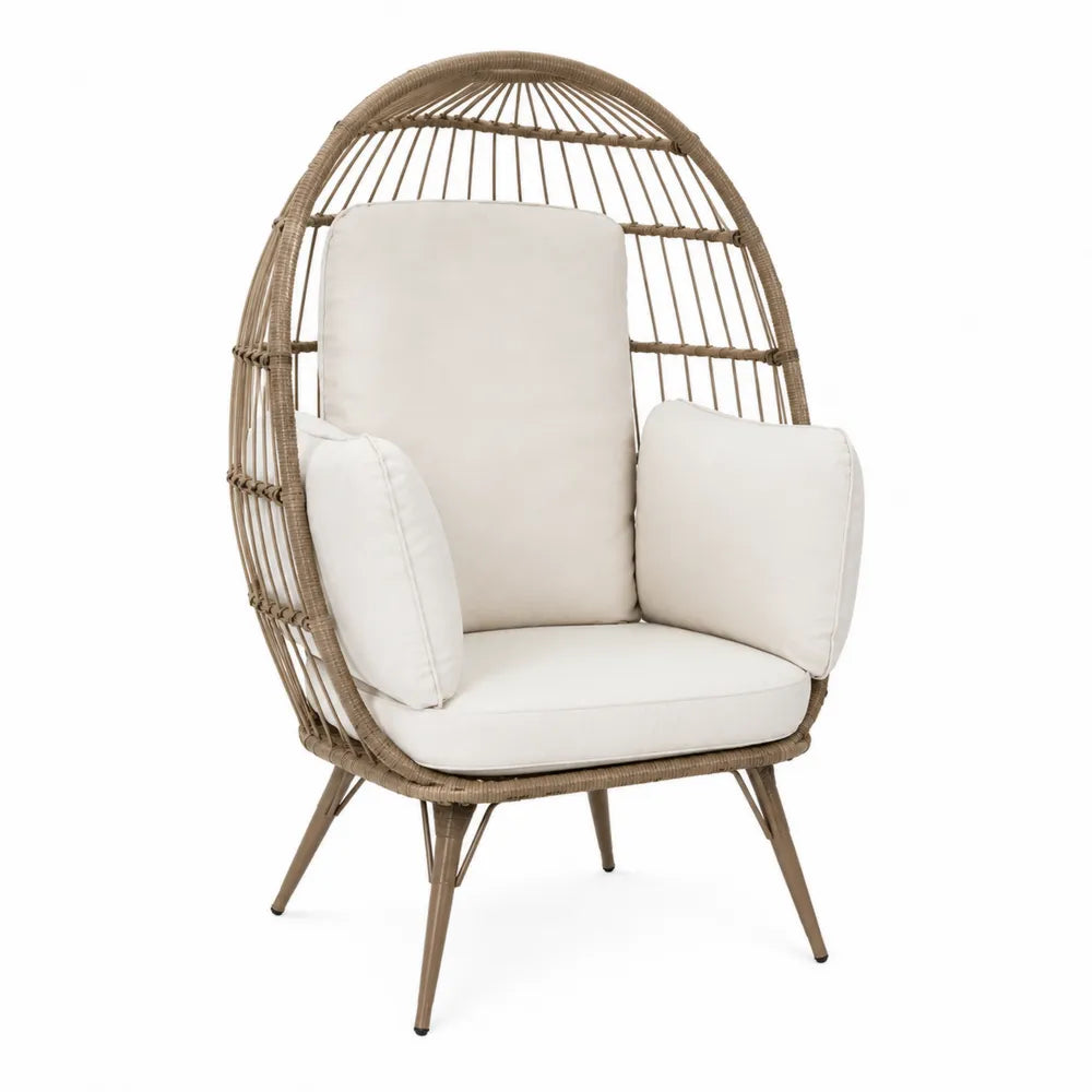 Fauteuil œuf de jardin en résine tressée PE avec coussins beige acier 95 cm x 85 cm x 150 cm