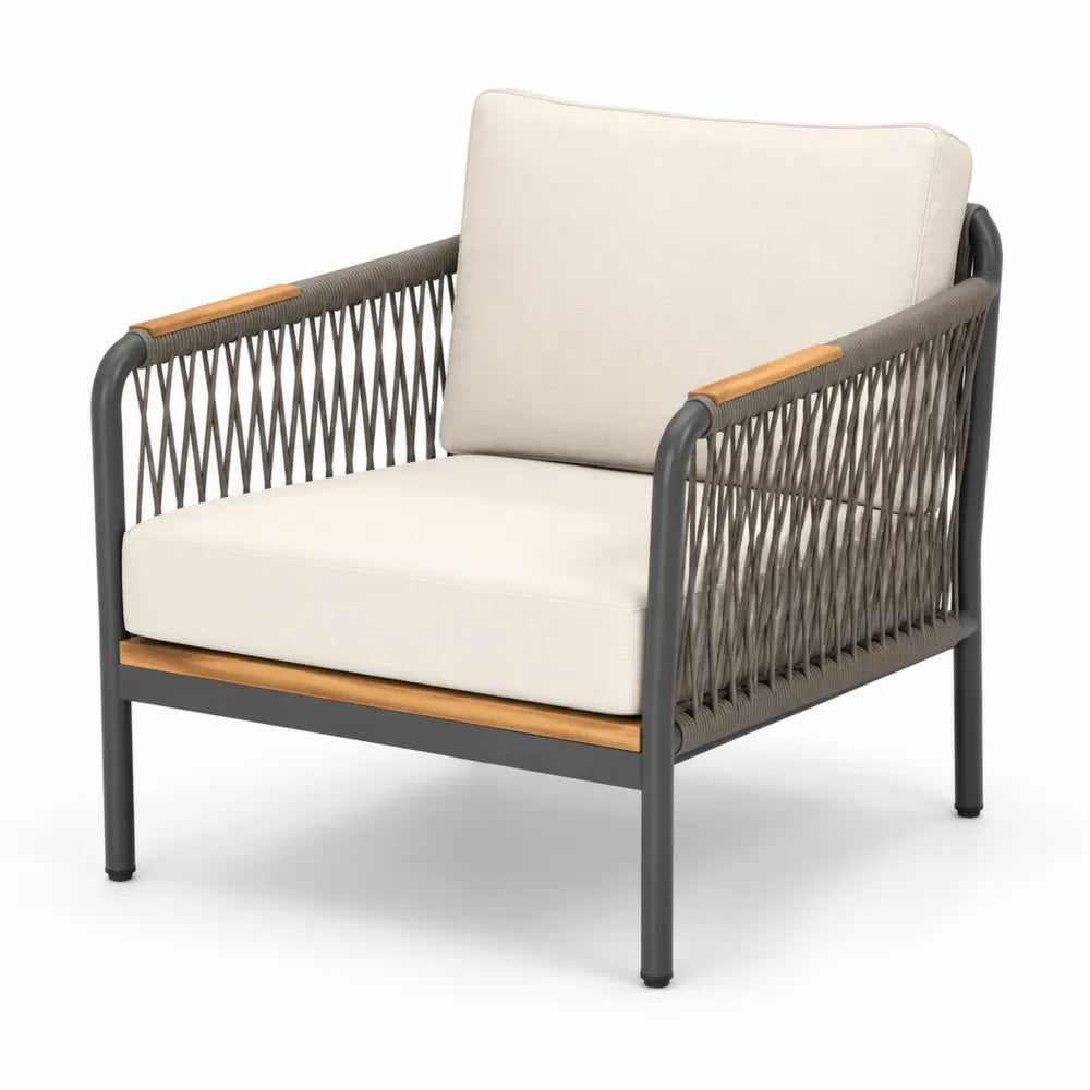 Fauteuil de jardin en cordage synthétique et structure métal gris anthracite avec coussins beige 75 cm x 78 cm x 80 cm