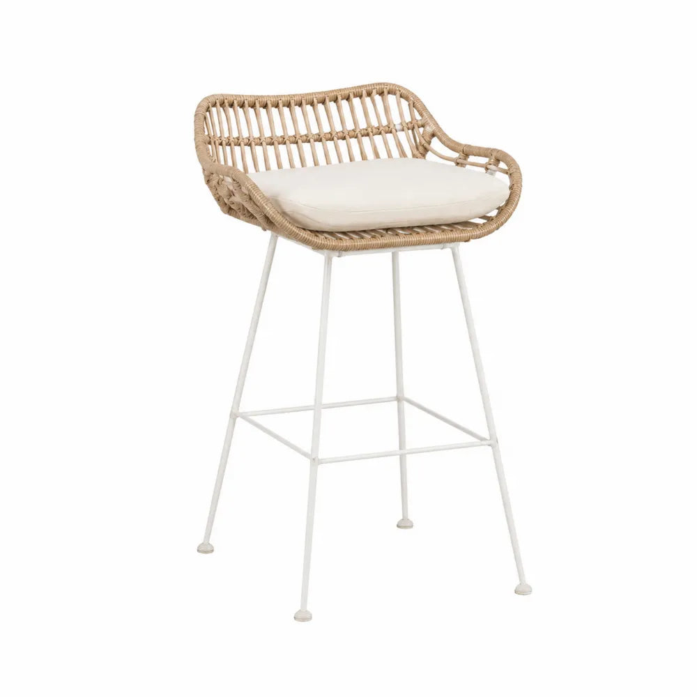 Tabouret de bar d'extérieur en corde polyéthylène naturel avec structure acier blanc et coussin écru 60 x 58 x 105 cm