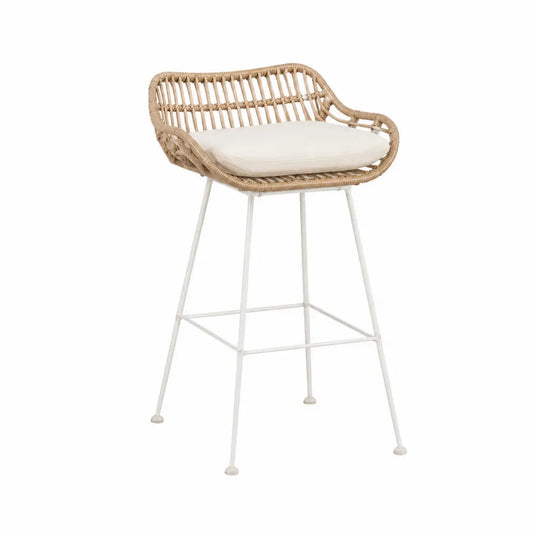 Tabouret de bar d'extérieur en corde polyéthylène naturel avec structure acier blanc et coussin écru 60 x 58 x 105 cm