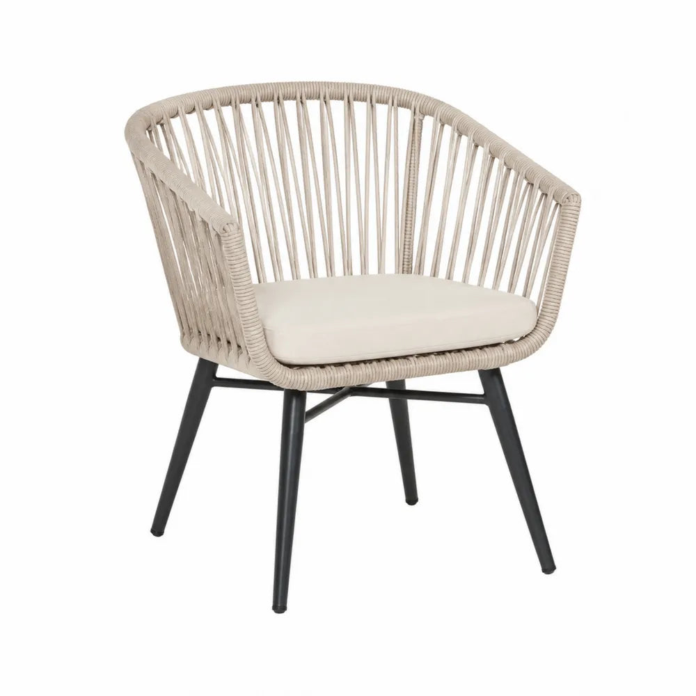 Fauteuil de jardin en cordage tressé beige et acier noir avec coussin écru 70 cm x 75 cm x 80 cm