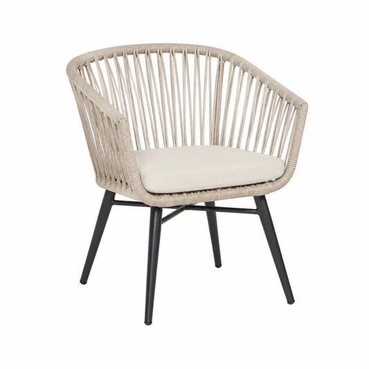 Fauteuil de jardin en cordage tressé beige et acier noir avec coussin écru 70 cm x 75 cm x 80 cm