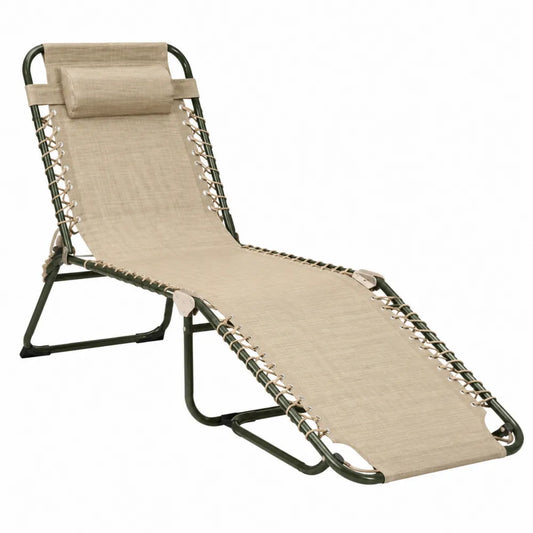 Chaise longue de jardin pliante inclinable 190 x 65 x 95 cm en acier vert foncé et textilène beige avec appui-tête