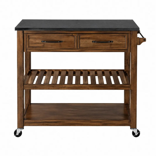 Chariot de cuisine multifonction 100 cm x 45 cm x 90 cm bois brun plateau noir effet pierre avec tiroirs et roulettes