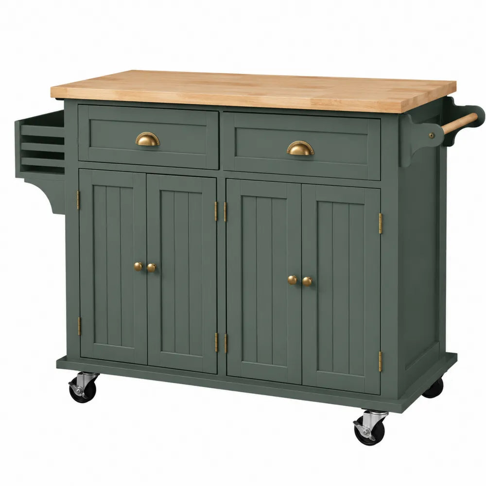 Chariot de cuisine multifonction à roulettes 130 cm x 48 cm x 91 cm en MDF vert sauge plateau bois massif naturel avec tiroirs et placards