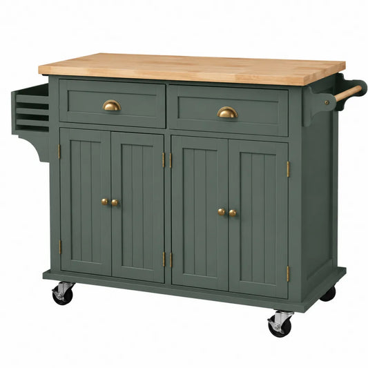 Chariot de cuisine multifonction à roulettes 130 cm x 48 cm x 91 cm en MDF vert sauge plateau bois massif naturel avec tiroirs et placards